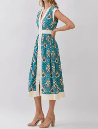 Tcec - Contrast Trim Printed Zip Front Midi Dress