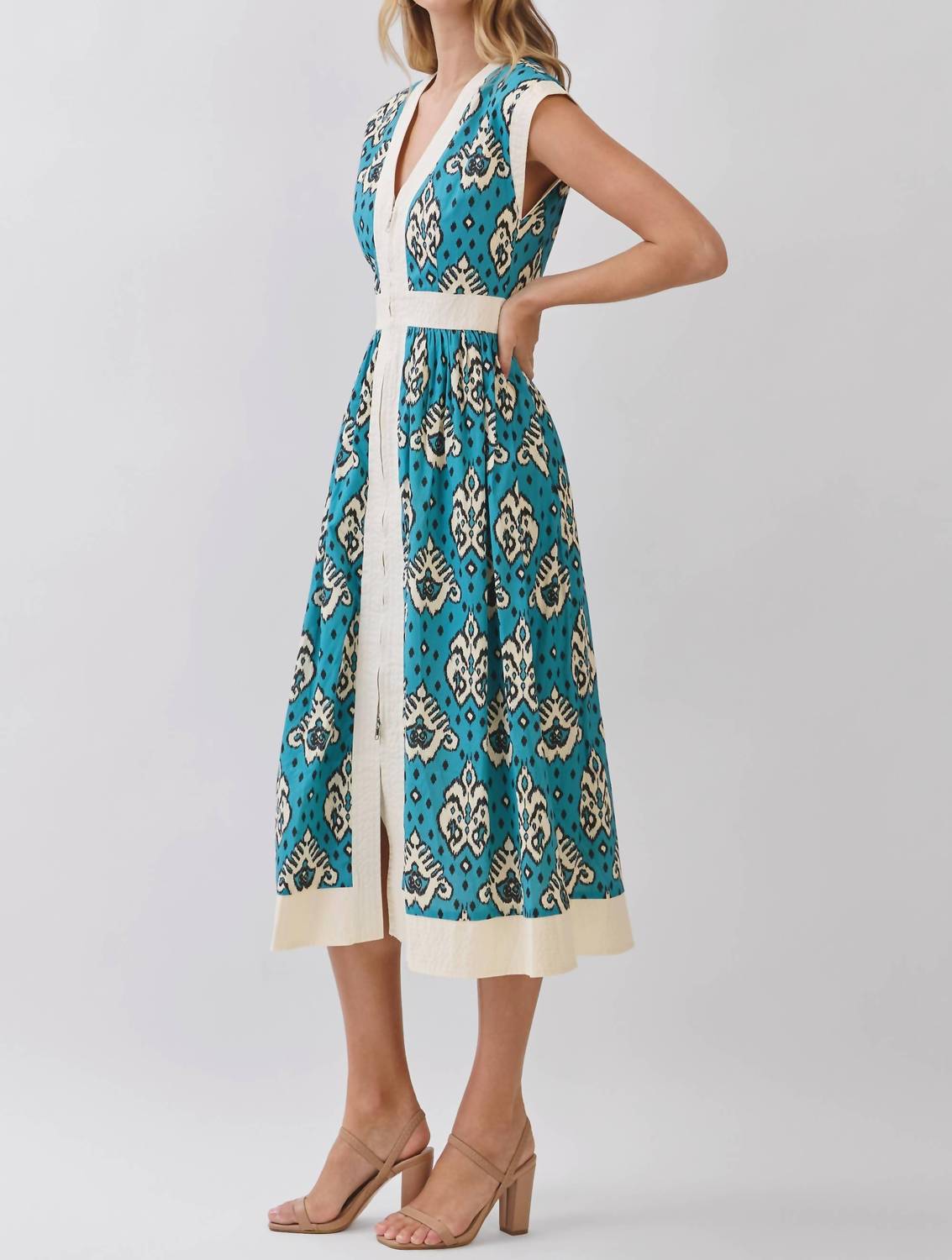 Tcec - Contrast Trim Printed Zip Front Midi Dress