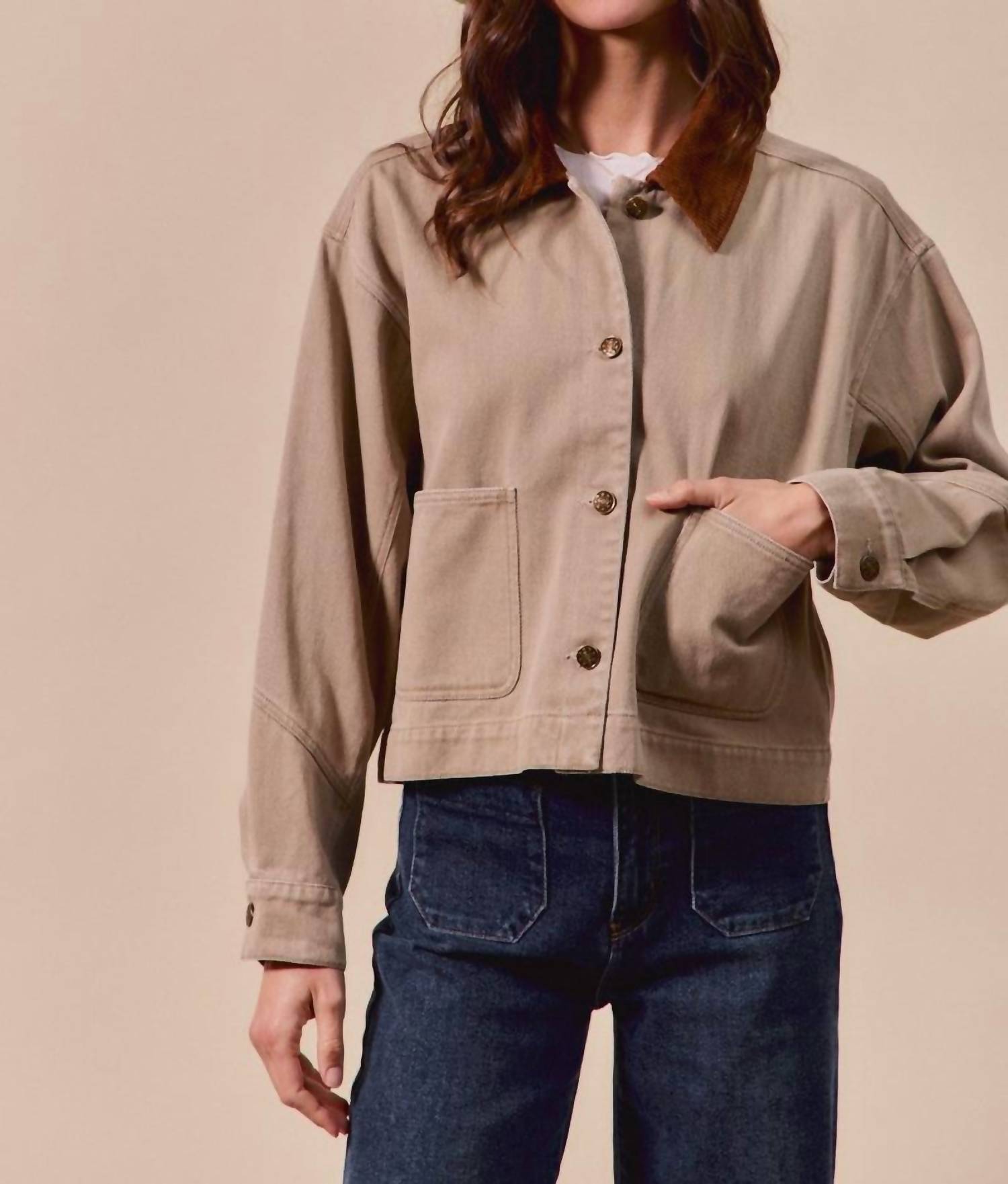 So Me - Cropped Barn Jacket With A Corduroy Collar