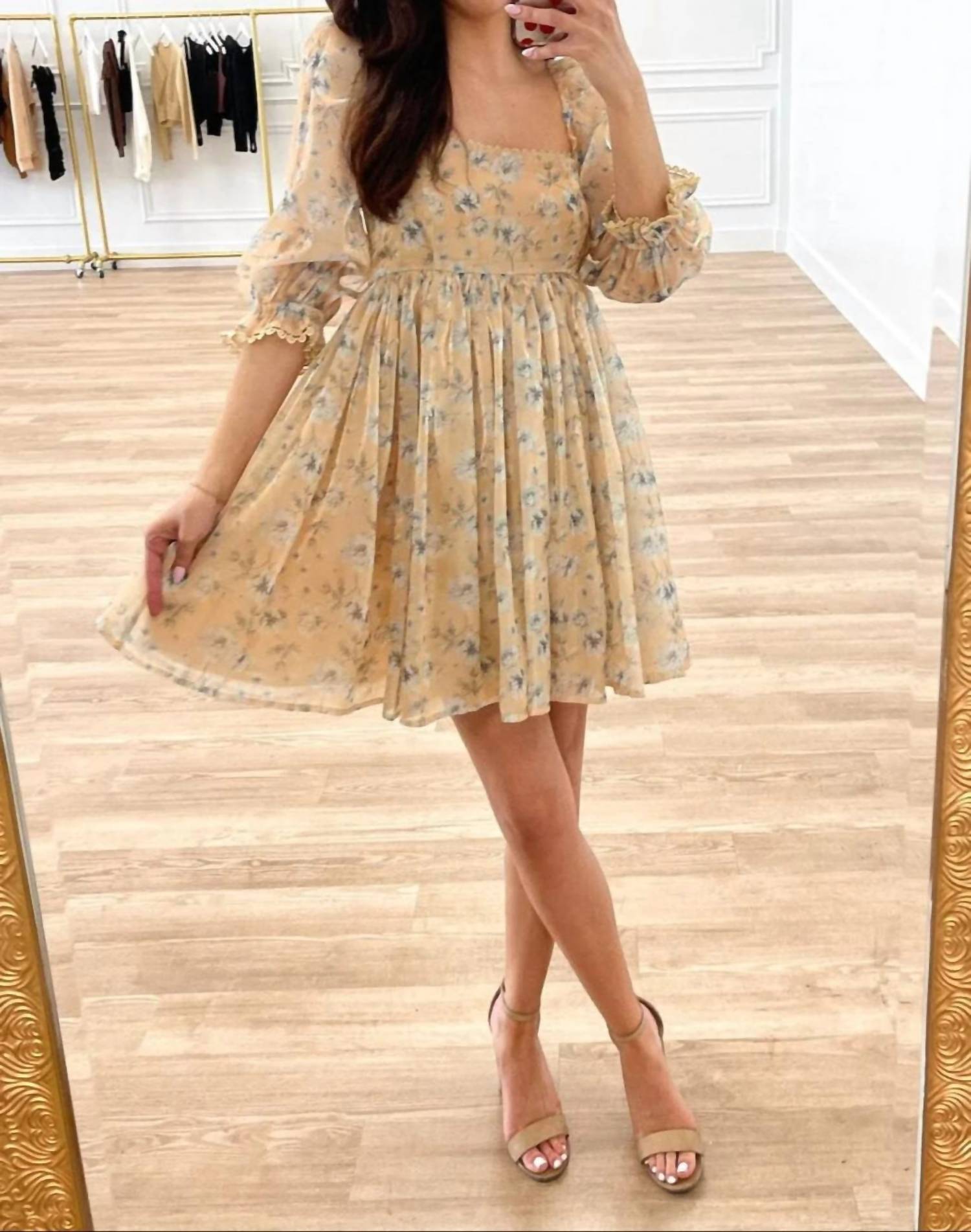 Mable - Elodie Square Neck Floral Organza Babydoll Dress