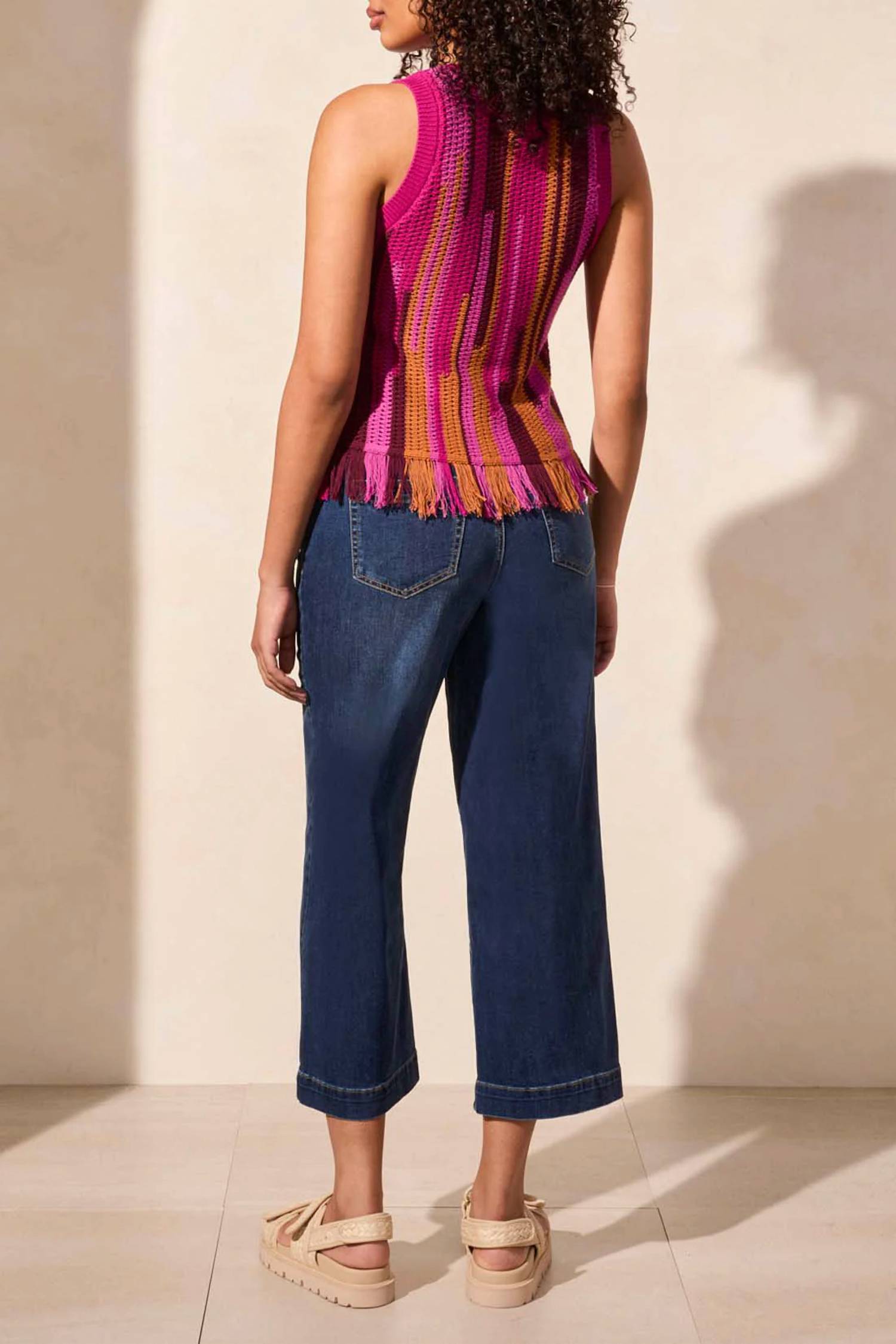 Tribal - Crew Neck Fringed Hem Sweater Cami