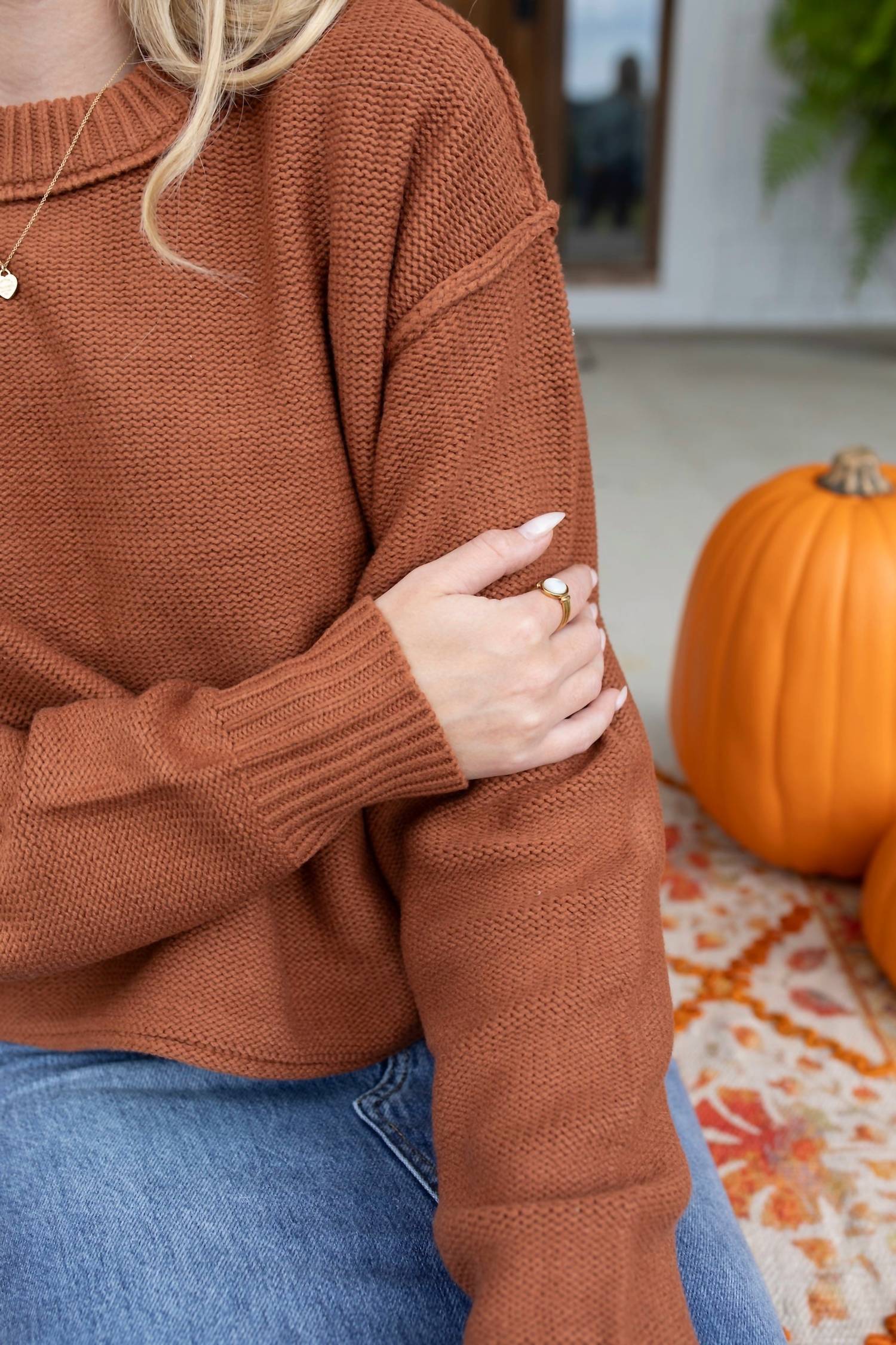 Double Zero Perfect Pumpkin Patch Long Sleeve Sweater in brown - women's sweater - alternate view