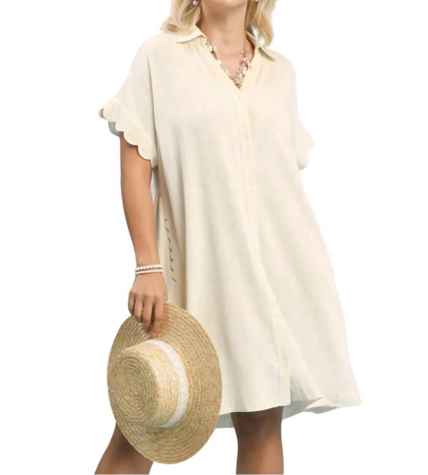 umgee Good Things Happen Linen Scallop Mini Dress - Plus in oatmeal - women's dress