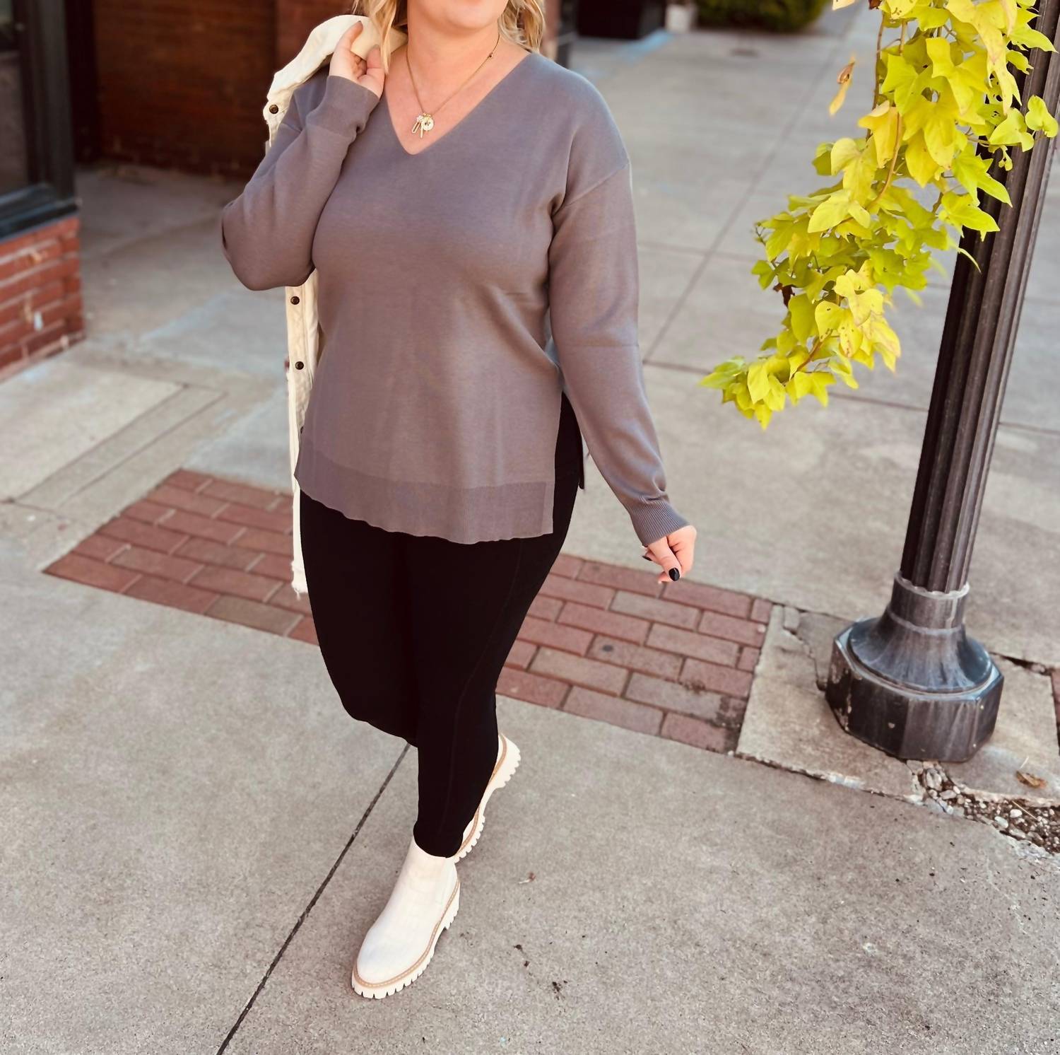 WISHLIST Drop Long Sleeve Shoulder Top in charcoal - women's long sleeve top