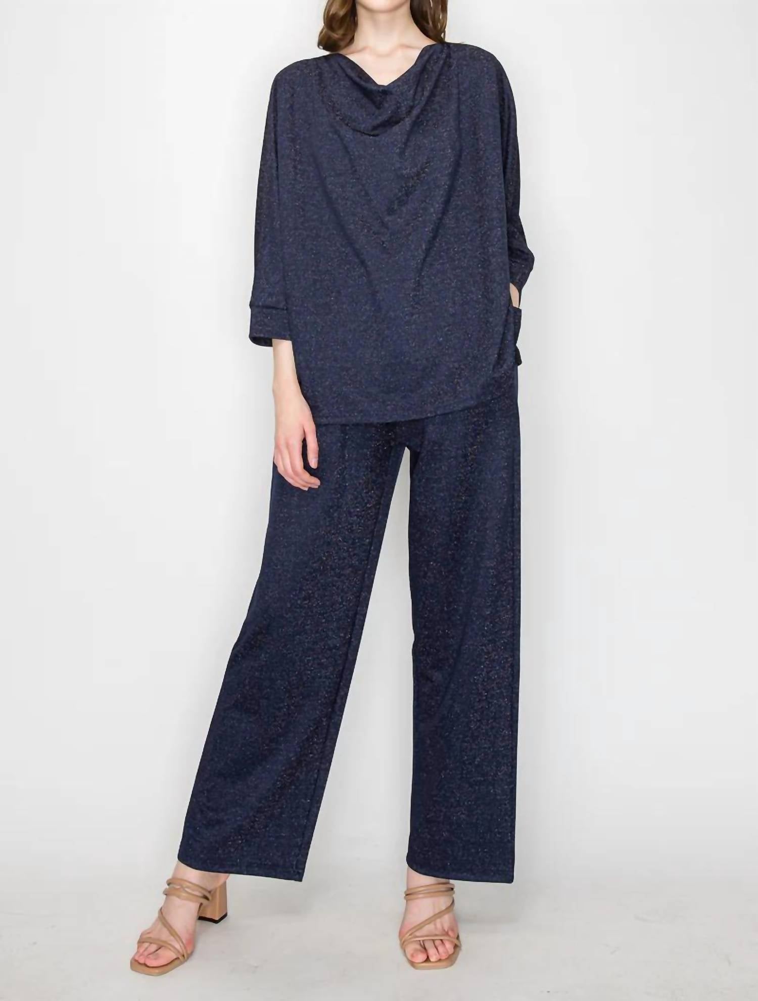 Joh Kimberly Sparkling Stretch Knit Crew Neck Top in navy sparkle - women's blouse - detail view