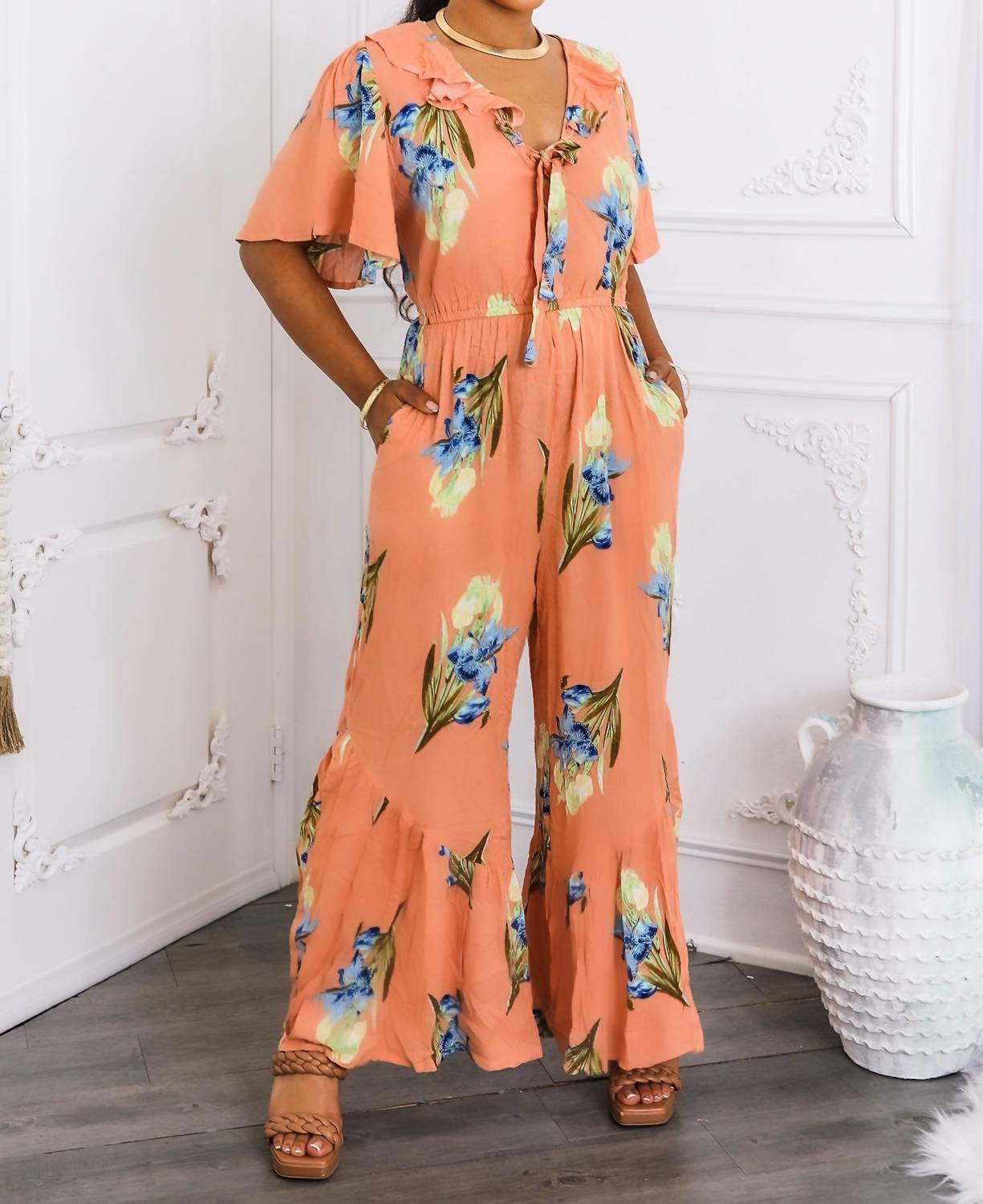Surelymine - Peach Floral Ruffle Jumpsuit Wide-leg Summer One-piece