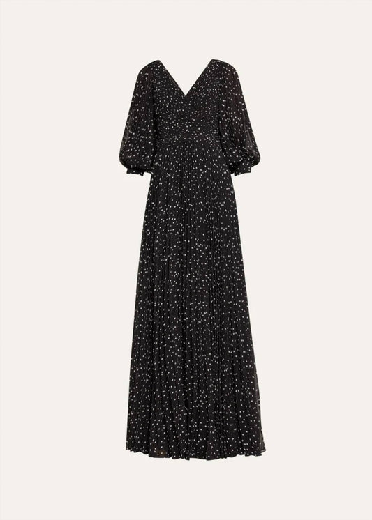 Teri Jon - Pleated Polka Dot Chiffon Gown