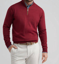 PETER MILLAR Autumn Crest Suede Trim Quarter Zip Sweater in brick red - men's sweater