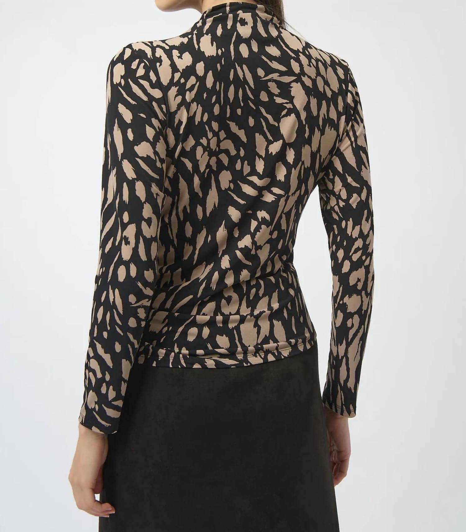 Joseph Ribkoff Mock Neck Long Sleeves Fitted Top in black multi - women's long sleeve top - detail view