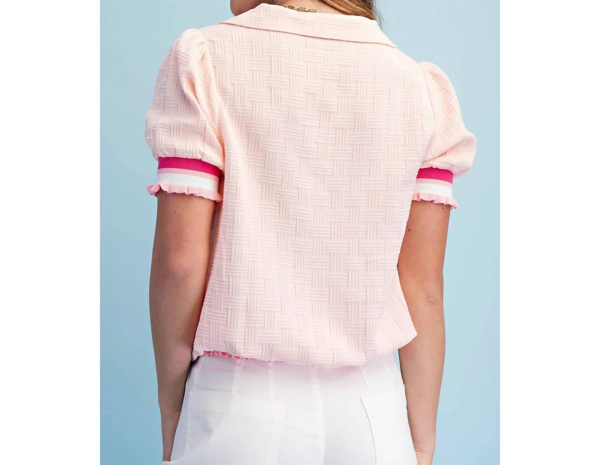 BNS Textured V-Neck Short-Sleeve Top in light blush - women's t-shirt - detail view