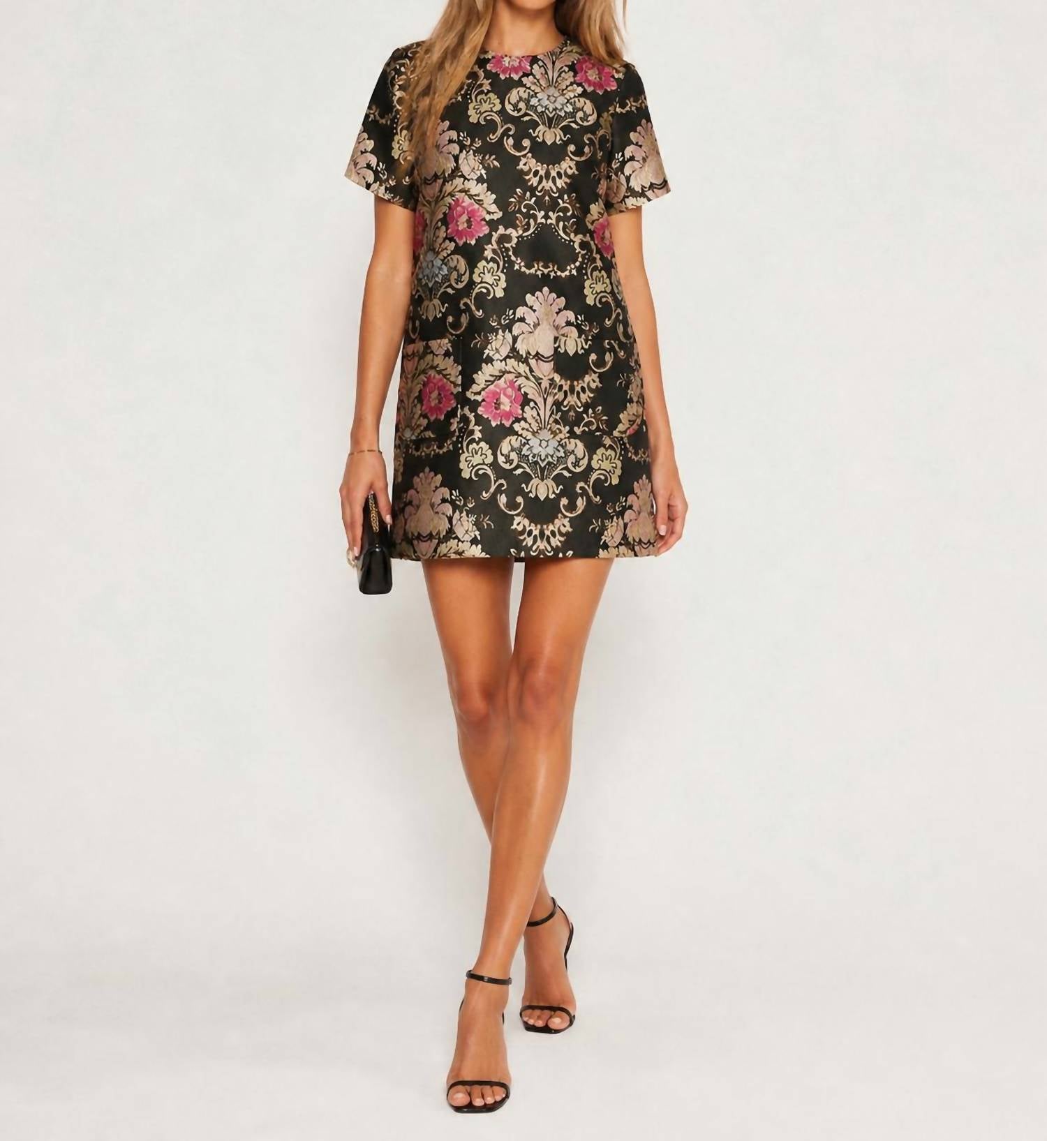hermoza Joyce Floral Jacquard Embroidered Shift Mini Dress in black multi - women's dress