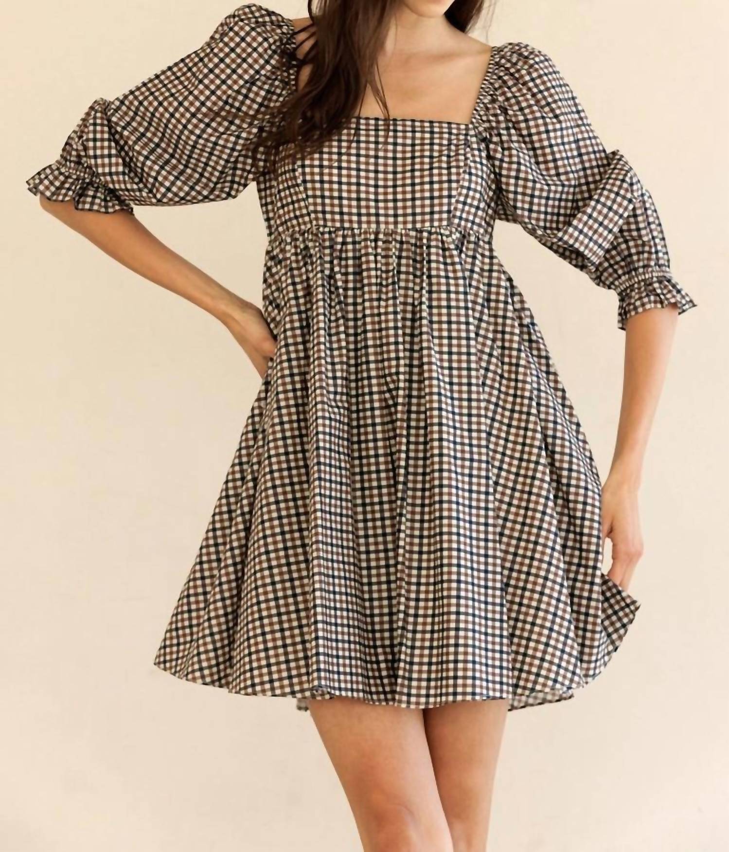 STORIA Florence Mini Dress in navy brown gingham - women's dress - view 5