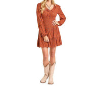 Rock & Roll Denim Smocked Bodice Mini Dress in rust - women's dress