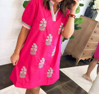 Jodifl - Floral Embroidered Contrast Trim Mini Dress
