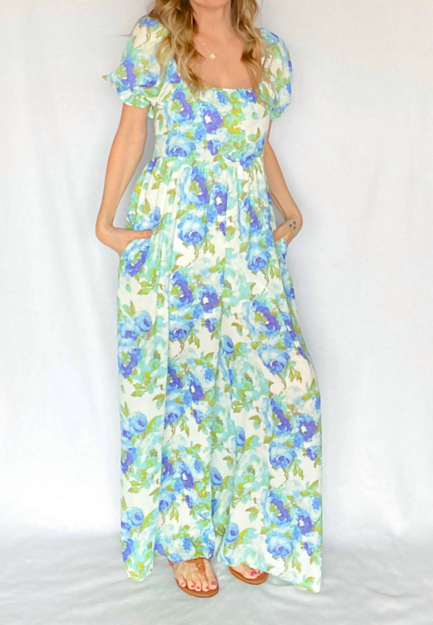 Bucketlist - Floral Poof Sleeve Smocked Back Jumpsuit