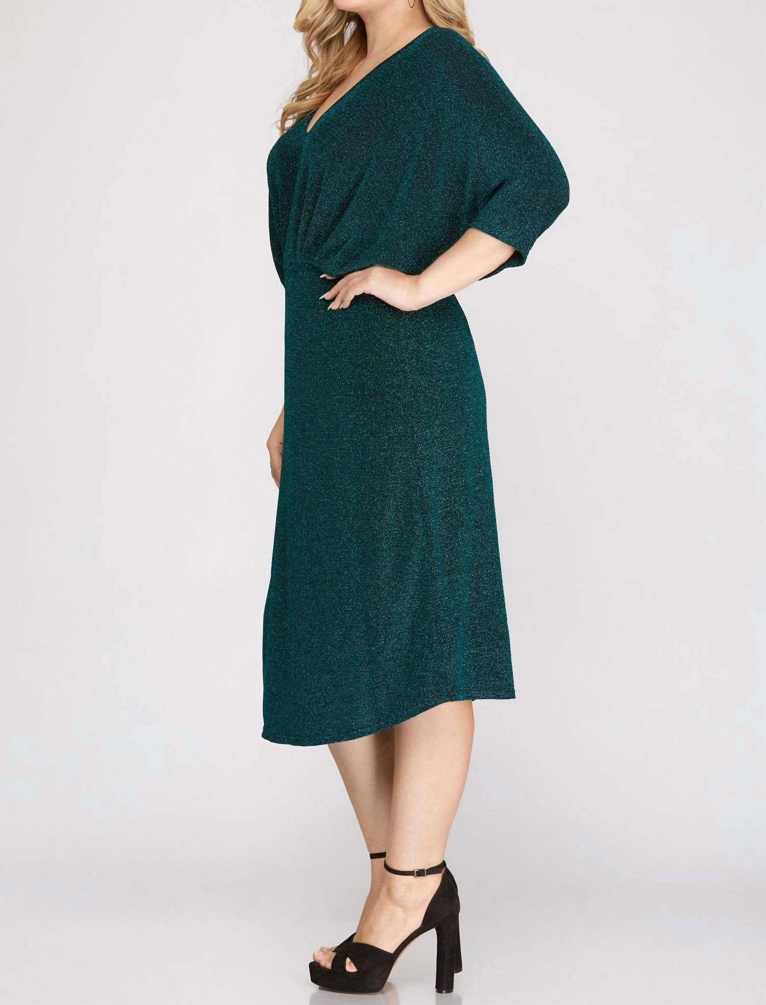 She + Sky - Kimono Sleeve Lurex Stretch Midi Dress - Plus