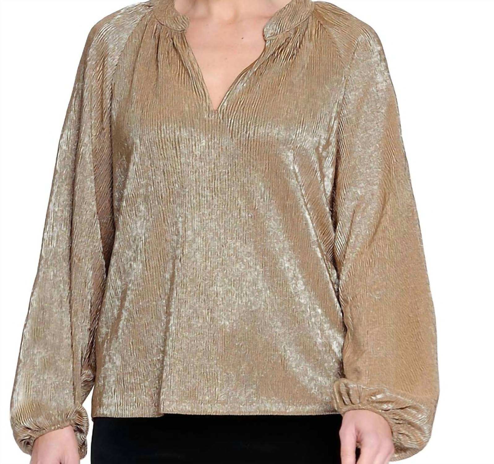 TRU LUXE Metallic Split Neck Blouse in gold - women's blouse