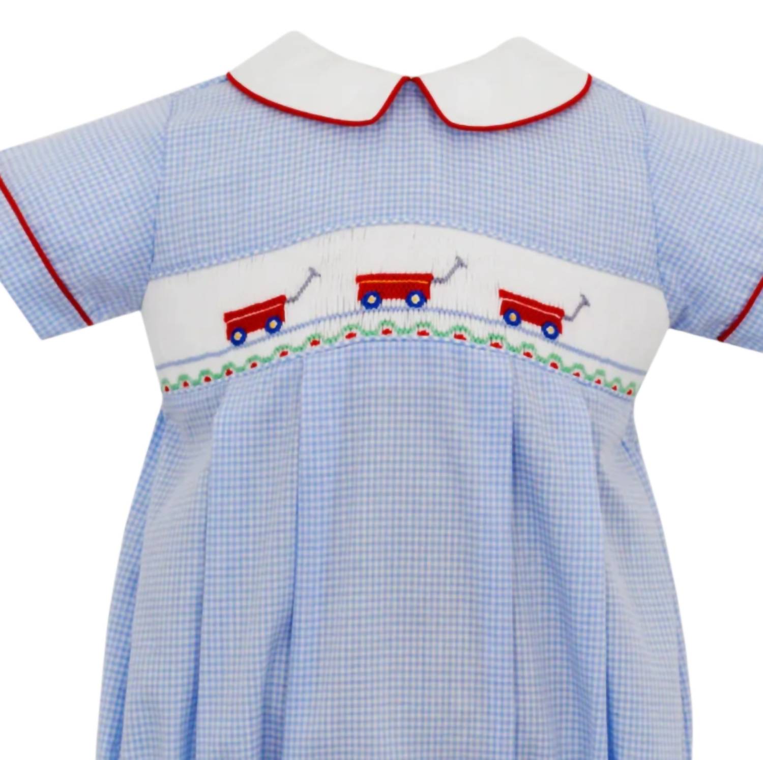 petit bebe Girls Smocked Bubble Onesies in red wagons - kids' item - detail view