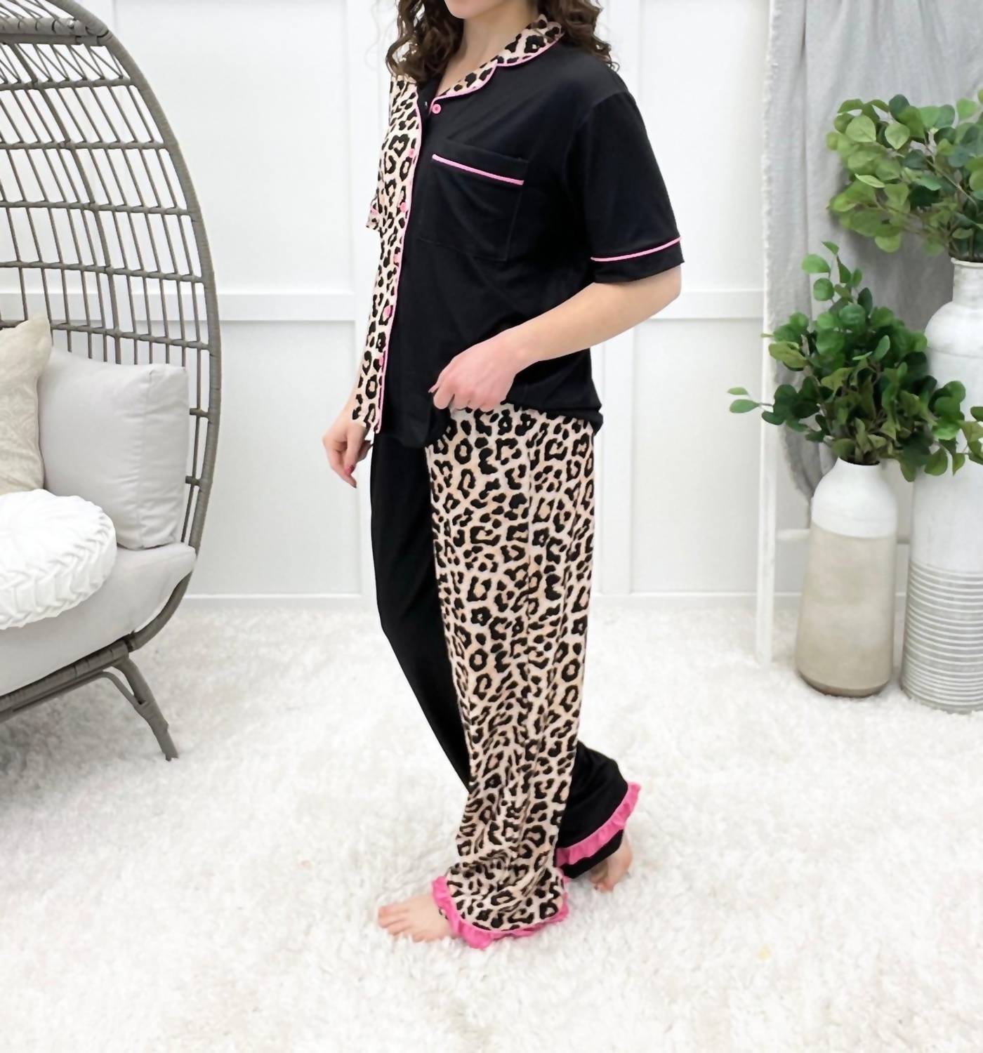 Jess Lea Double Take Leopard Ruffle Pajama Set in multi - women's sleepwear - alternate view