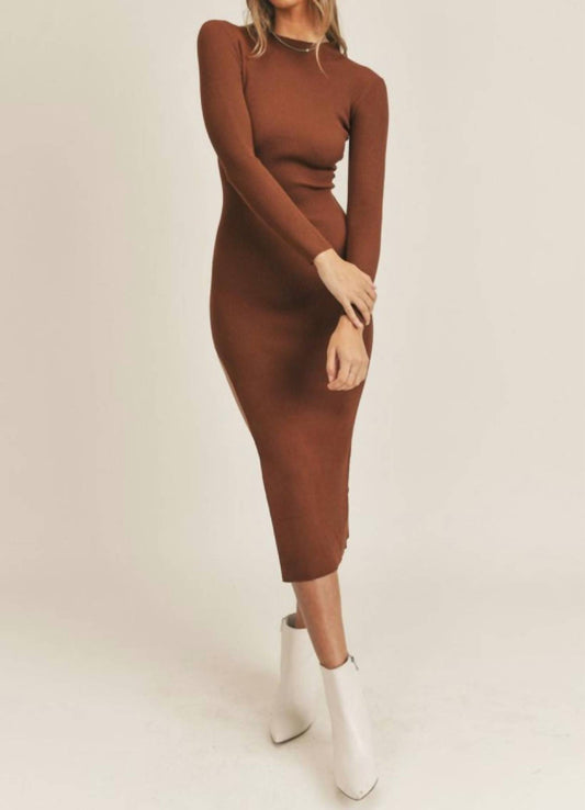 Mable - Long sleeve midi sweater dress with one side high slit.