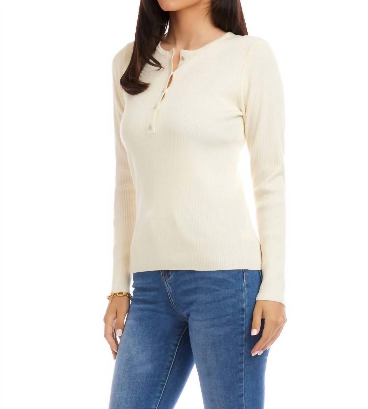 Karen Kane Henley Ribbed Crewneck Sweater in cream - women's sweater - alternate view