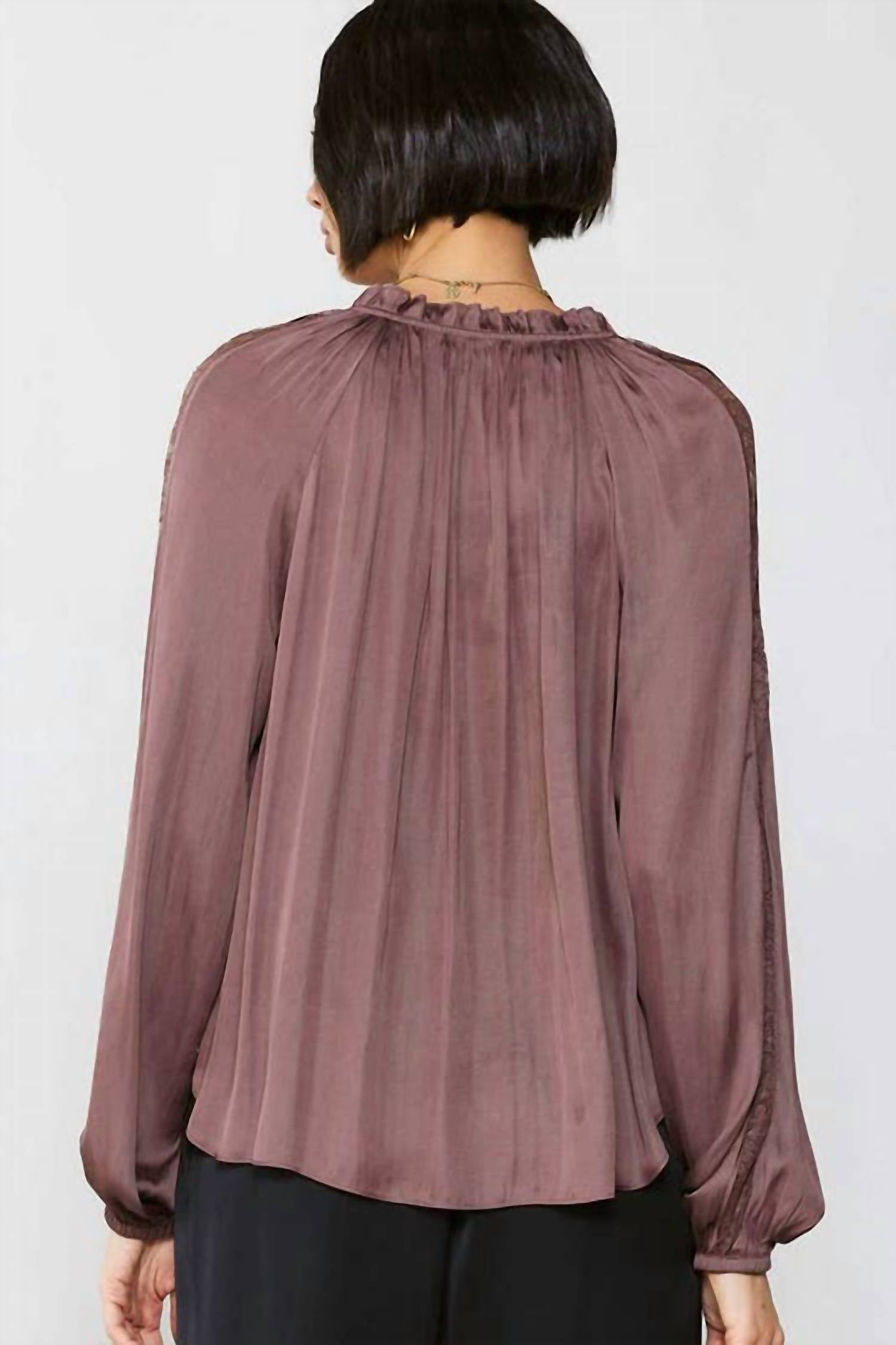 current air Lace Contrast Sleeve Ruffle Detail Blouse in purple - women's blouse - alternate view