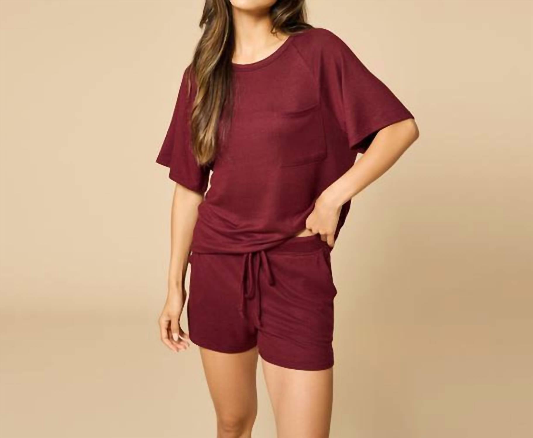 SOFTiES Dream Slouchy Tee Top With Shorts Lounge Set in cherry cola - women's sleepwear - detail view