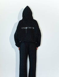 knotWTR Rhinestone Zip-up Hoodie in black - women's top - detail view
