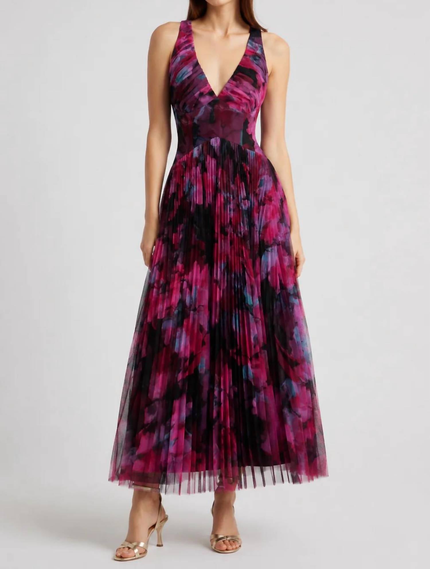 Hutch - Eliana Floral Pleated Tulle Gown Maxi Dress