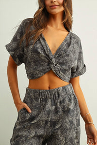 Miou Muse - Leaf Print Faded Effect Twist Front Top