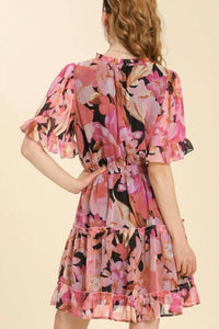 Umgee - Split Neck Front Tie Tiered Dress With Lining