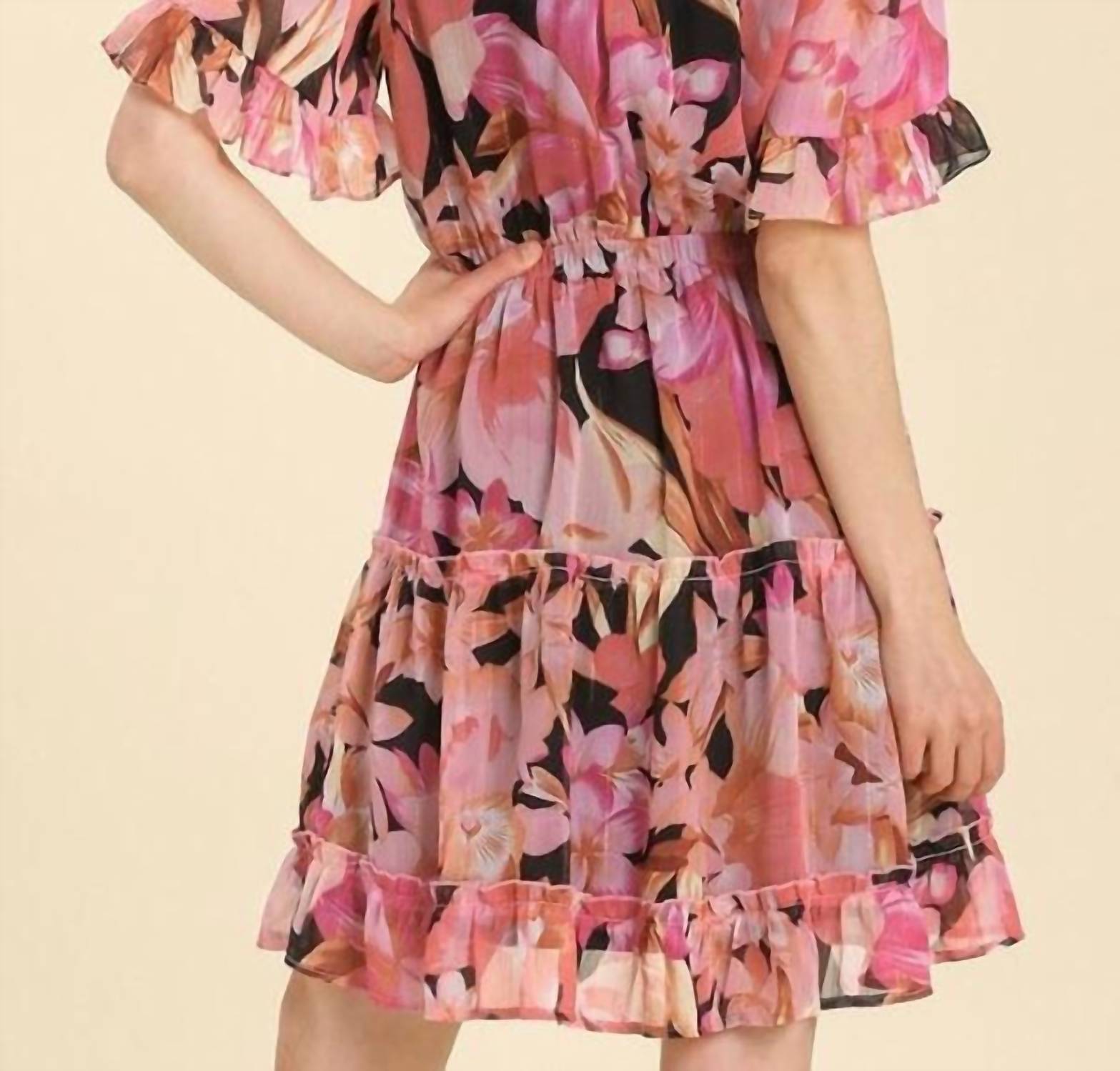 Umgee - Split Neck Front Tie Tiered Dress With Lining