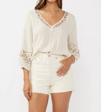 LOVESTITCH Women's Quarter Sleeve V Neck Top in natural brown - women's blouse