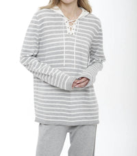 Incashmere - Long Sleeve Striped Lace Up Hooded Pullover