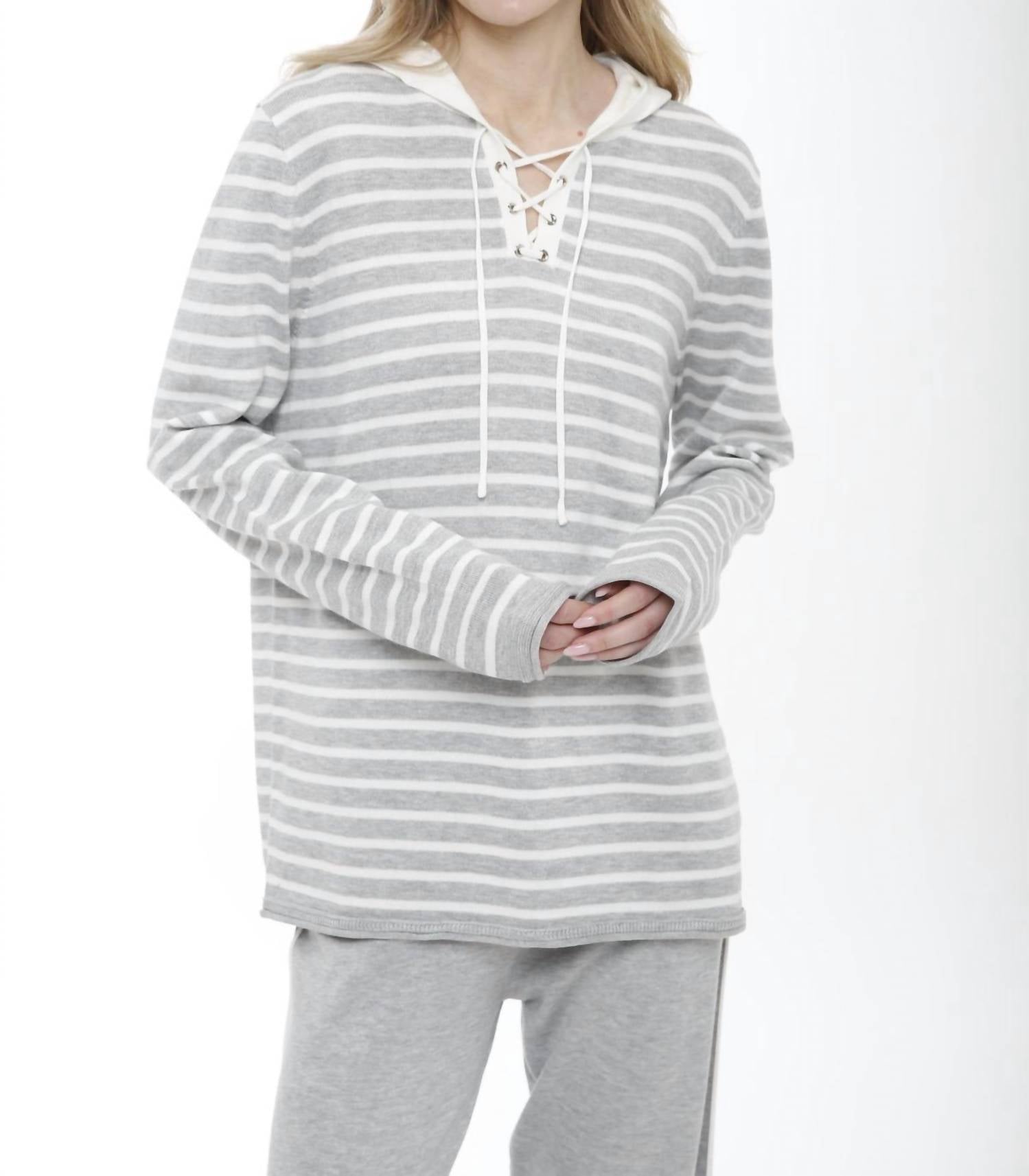 Incashmere - Long Sleeve Striped Lace Up Hooded Pullover