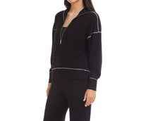 Karen Kane Half-Zip Contrast Stitch Pullover Top in black - women's sweater - detail view