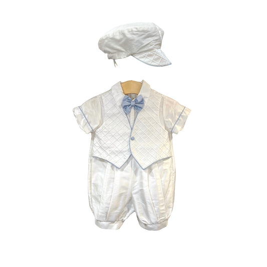 L'Pety Canar - Boy's 2pc Romper With Blue Trim With Cabby Hat