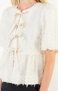 Mint Exclusives Freya Fringed Front Tie Puff Sleeve Top in beige - women's blouse - view 4