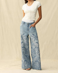 Bayeas - High Rise Eyelet And Embroidery Wide Leg Jeans