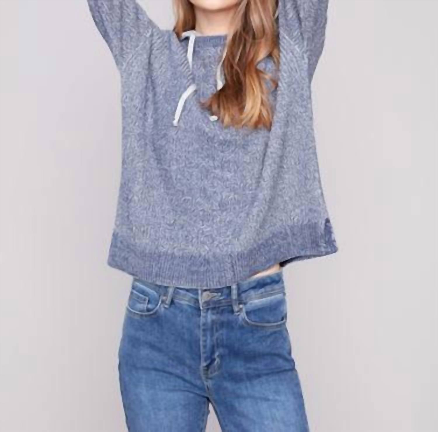 CHARLIE B Hoodie With Front Cable Detail Sweater in heather denim - women's top - view 4