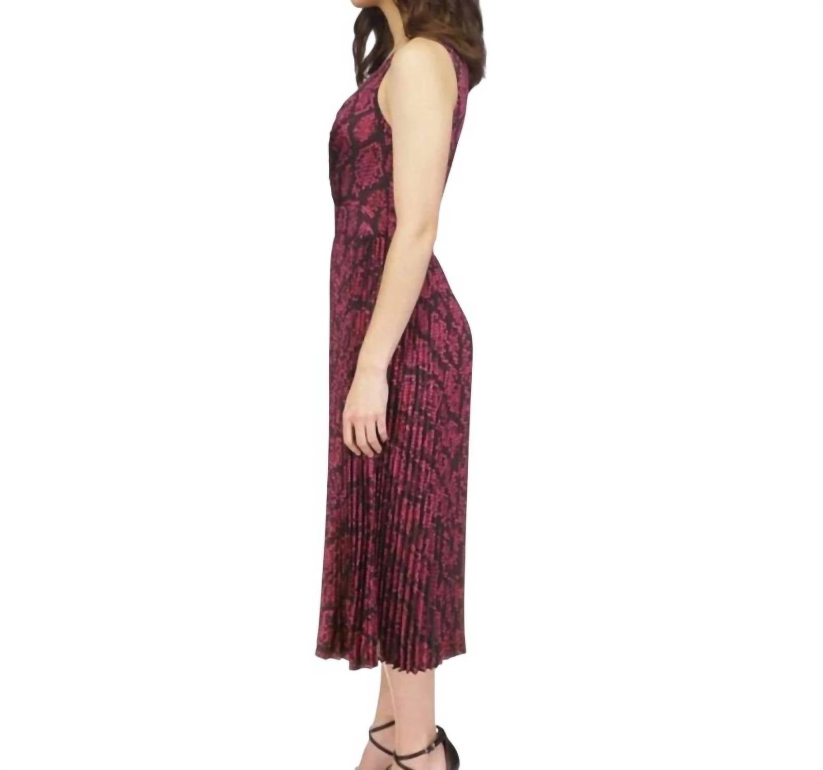 MICHAEL KORS Snakeskin-print Pleated Midi Dress in deep fuschia - women's dress - detail view
