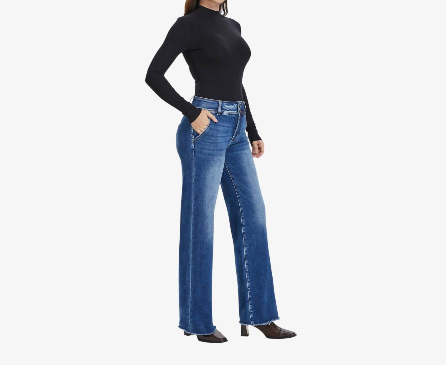 Bayeas High Rise Raw Hem Jean in medium blue - women's jeans - view 4