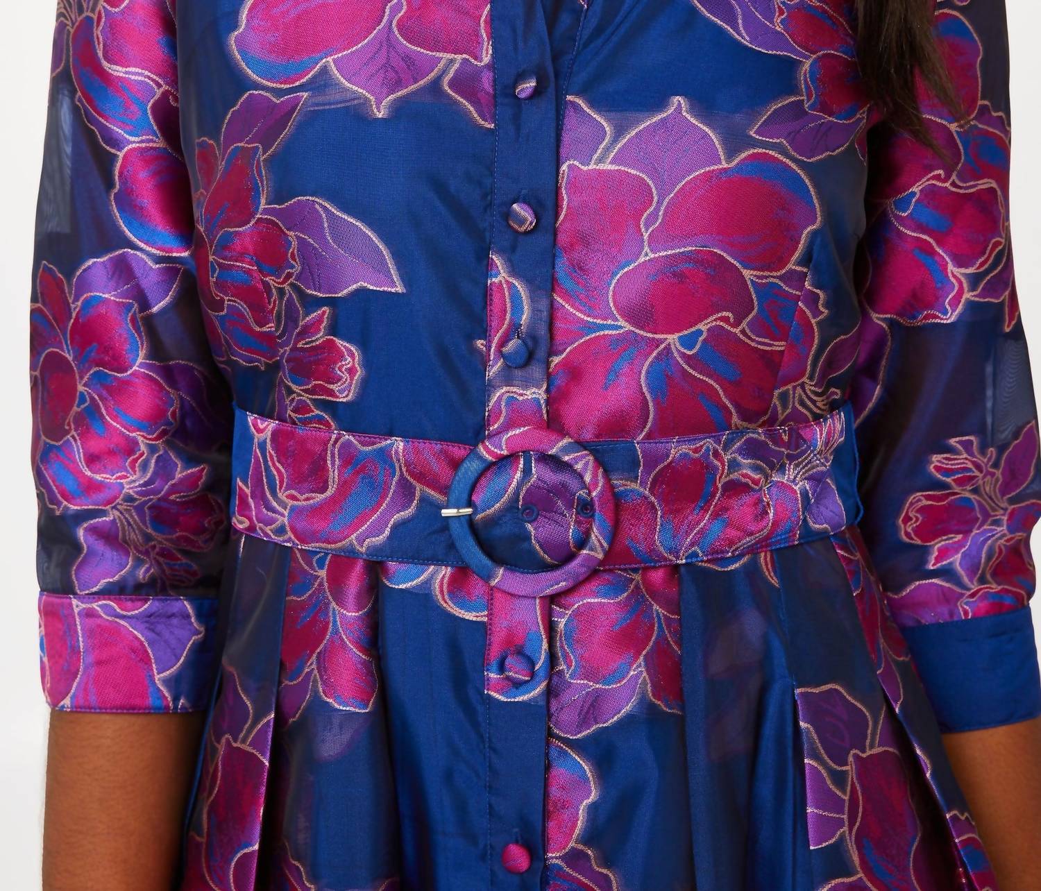 ABBEY GLASS Cecilia Gown in fuchsia navy peony organza - women's dress - detail view