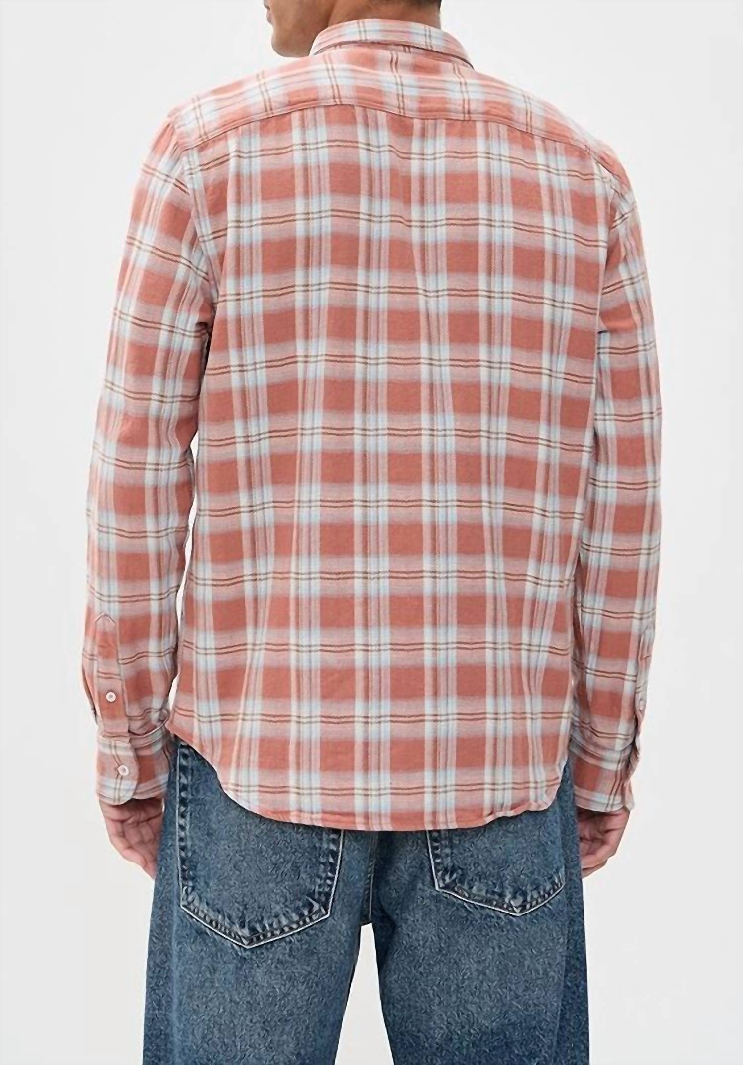 SAVE KHAKI UNITED Japanese Slub Flannel Shirt in burnt orange - men's long sleeve top - detail view