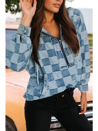 Fashionworks - Checkered Zipped Neck Kangaroo Pocket Denim Hoodie