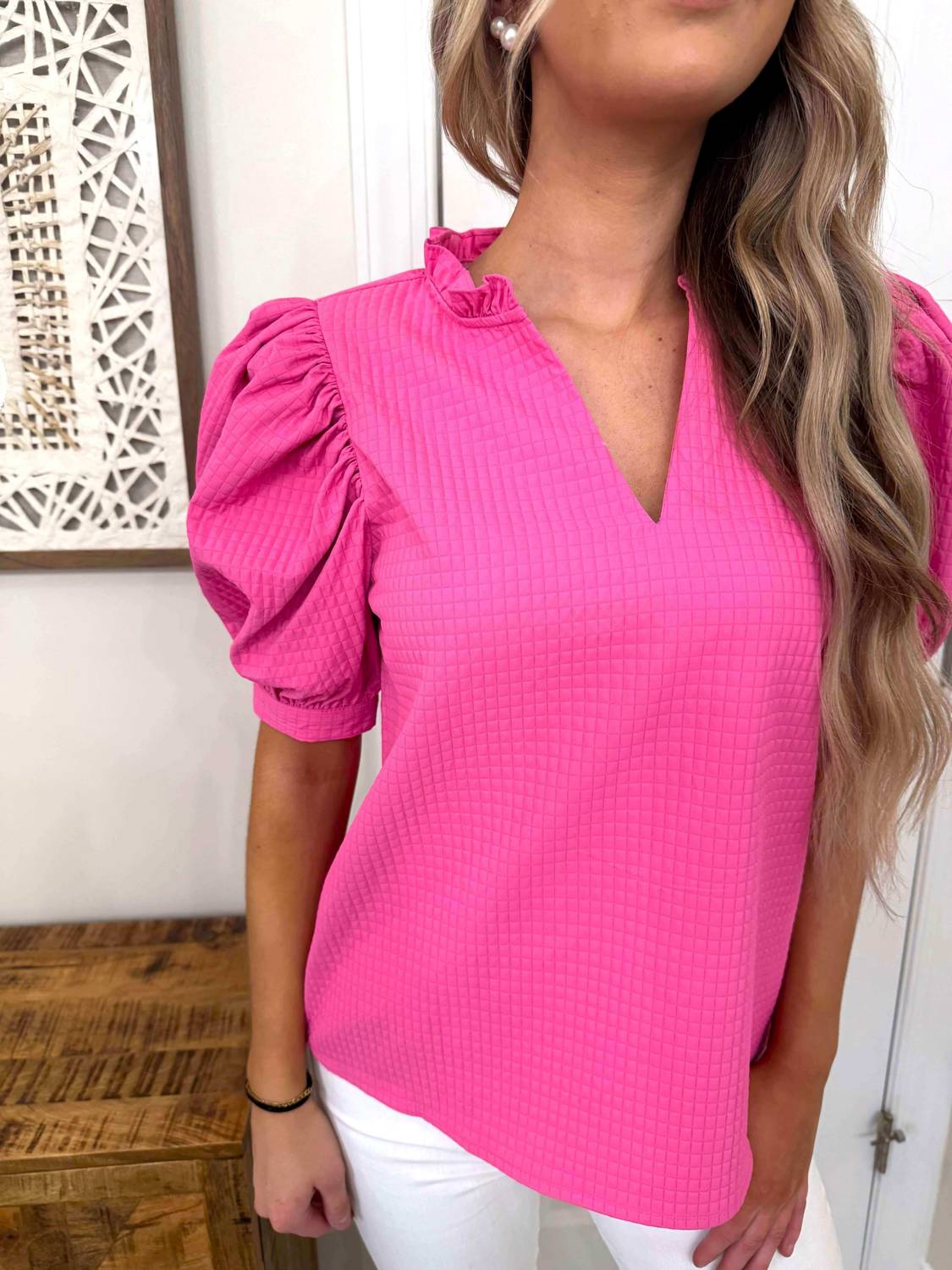 Glam - Lily Ruffle V-neck Puff Sleeve Top