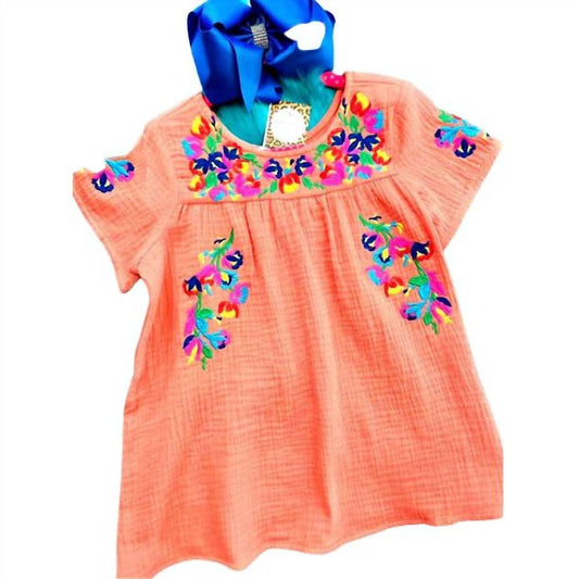 Girl's Coral Embroidered Top