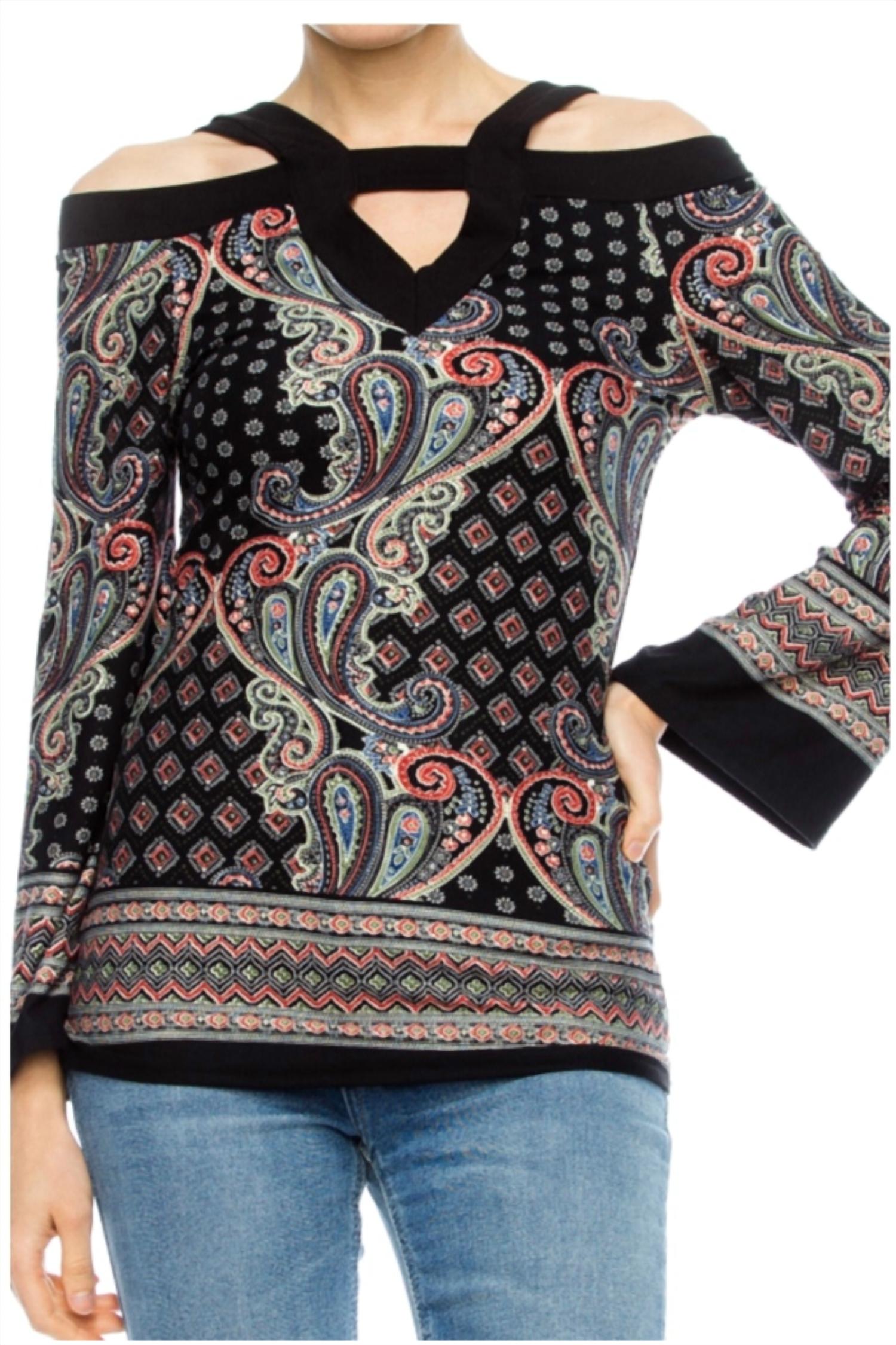 Yoyo 5 - Women's Paisley Cold Shoulder Long Sleeve Top