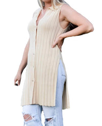 Sage The Label - Women's Ribbed Button Up Collared Long Sleeveless Cardigan