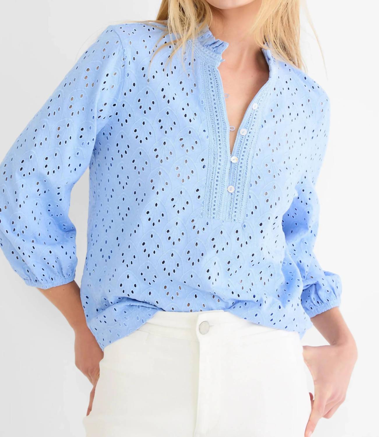 Nic + Zoe - Knit Eyelet Ruffle Neck Top